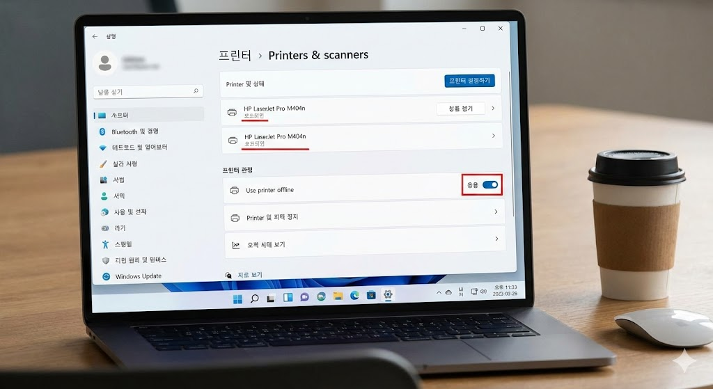 프린터 인쇄 안될 때 오프라인 표시