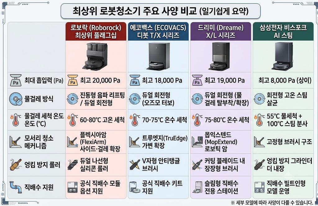 2026 로봇청소기 추천! 브랜드별 인기 제품 비교 분석: 로보락·에코백스·드리미·삼성 4대 플래그십 스펙과 직배수 실전 가이드 2026 로봇청소기 추천