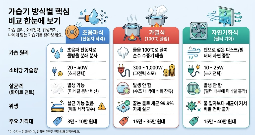 2026 가습기 추천: 초음파·가열식·기화식 3대 메커니즘과 세균·백분 방지 가이드 image