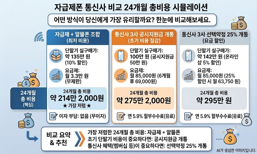 자급제폰 통신사 비교 총정리: 실구매가와 24개월 총비용 완벽 분석 image